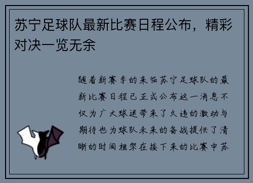 苏宁足球队最新比赛日程公布，精彩对决一览无余