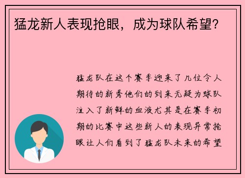 猛龙新人表现抢眼，成为球队希望？