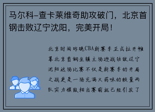 马尔科-查卡莱维奇助攻破门，北京首钢击败辽宁沈阳，完美开局！